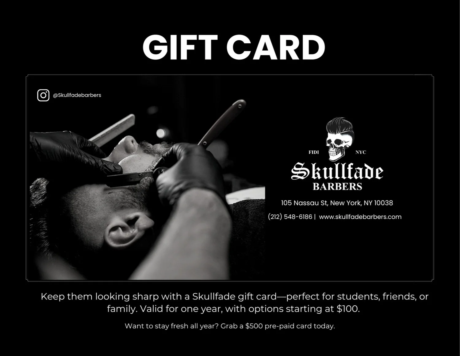 Skullfade Barbers gift card for haircuts and shaves in NYC's Financial District
